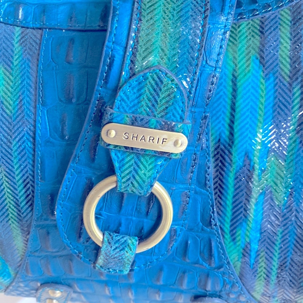 Sharif Green-Blue Croc Style Leather Tassel Satchel Handbag W/Matching Wristlet - Picture 3 of 9